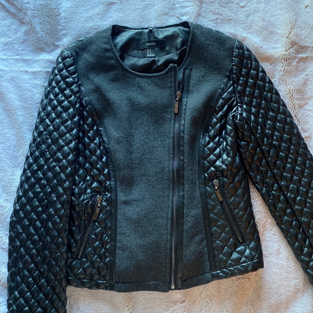 Black leather sleeved blazer